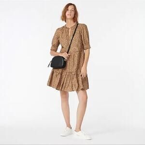 J. Crew Tan Leopard Dot Ruffle Neck Tiered Popover Relaxed Fit Preppy Dress M